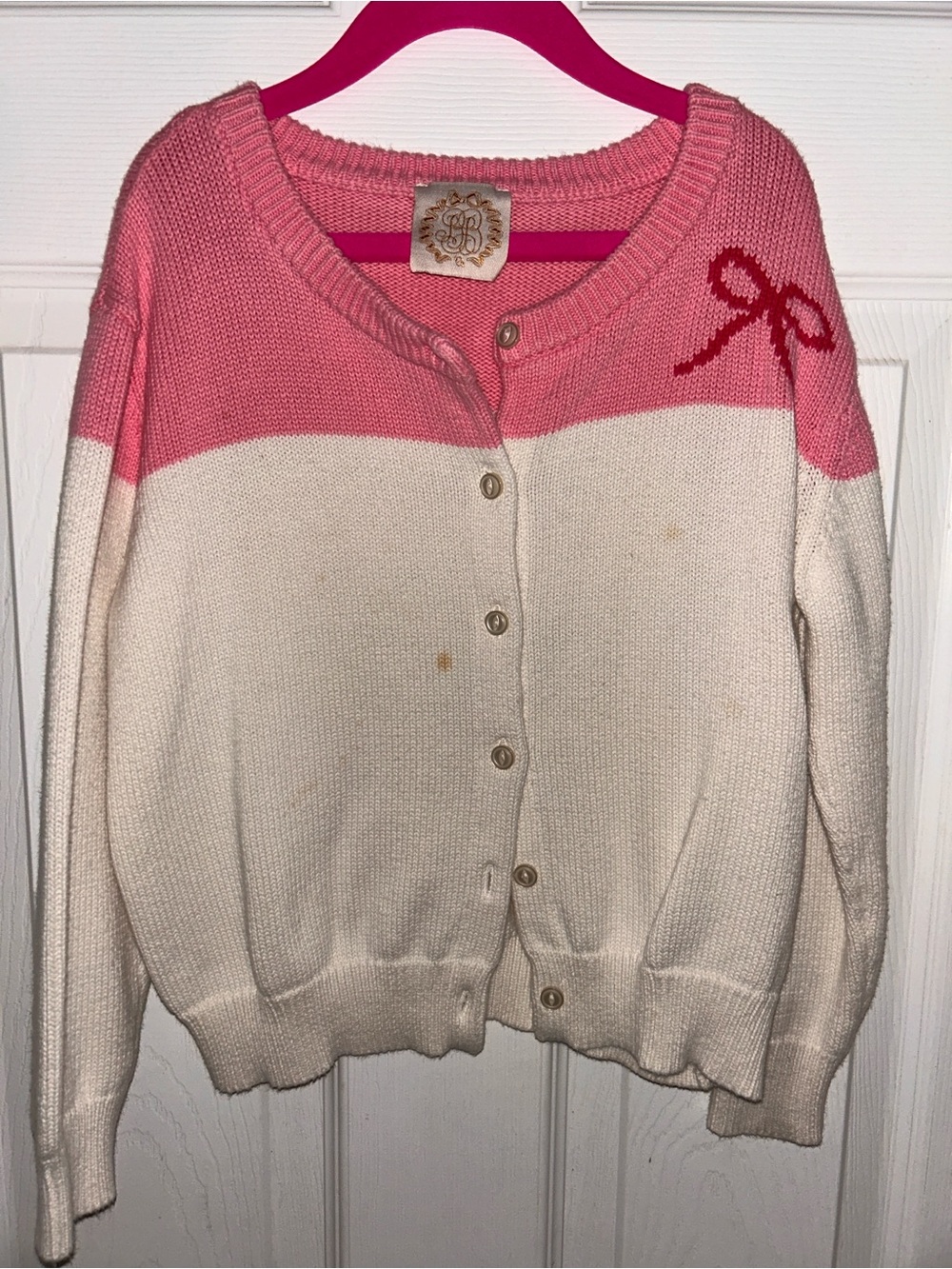 Pink and Cream Knit Button-Front Sweater Cardigan with Bow Detail